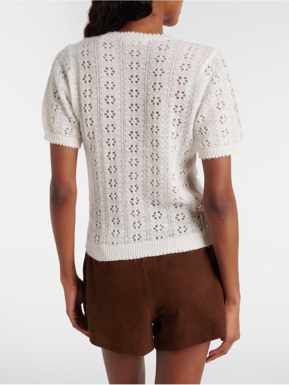 DÔEN Monica Alpaca Wool Pointelle Short Sleeve Sweater - Ivory/Swan XS - Picture 2 of 5